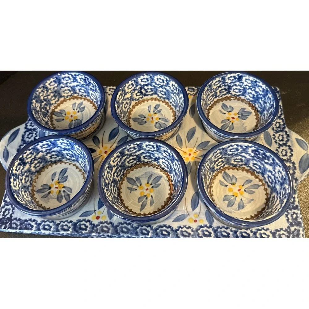 Temptation‎ By Tara Old World Ovenware Serve Ware Set 6 Bowls Tray Blue